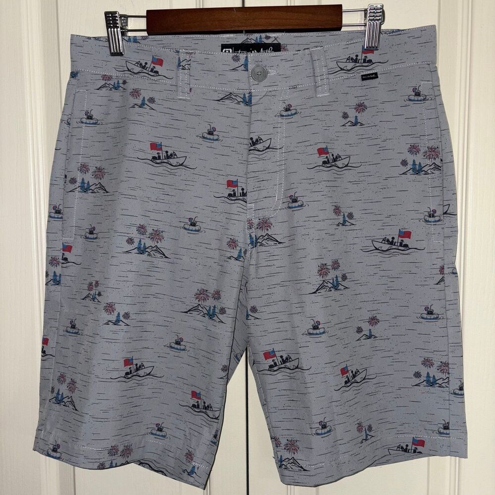 Travis Mathew Golf Shorts Men’s 32 All Over Print America Gray Polyester/Spandex